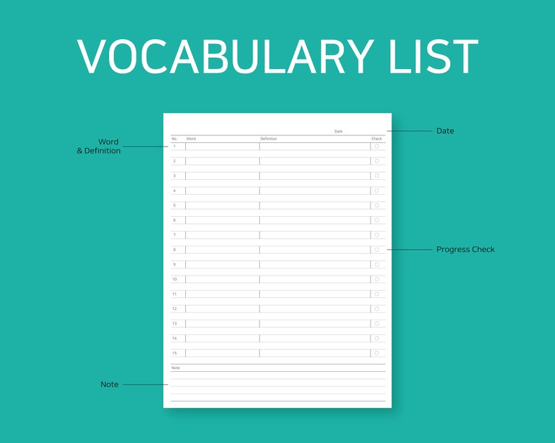 May include: A printable vocabulary list template with sections for word and definition, date, progress check, and notes.