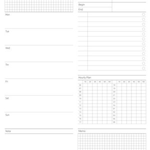 May include: A white weekly study planner with sections for each day of the week, a subject, date, and hourly plan. The planner includes a memo section and a grid for notes. The text "Weekly Study Planner" is at the top.