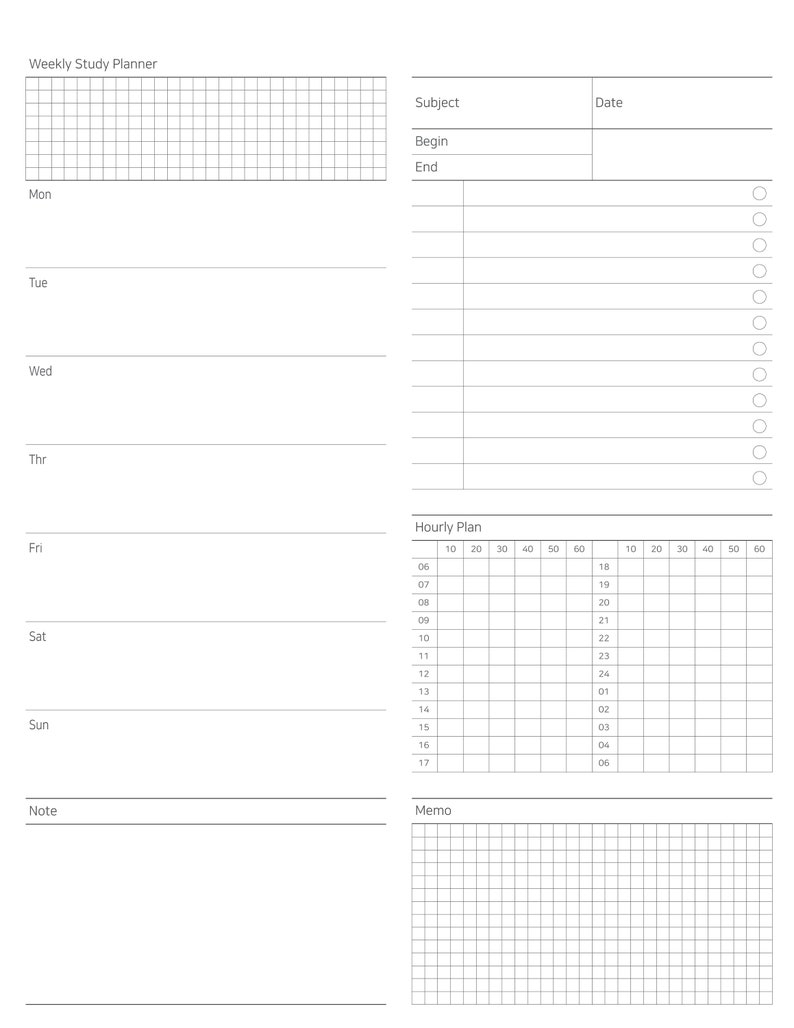 May include: A white weekly study planner with sections for each day of the week, a subject, date, and hourly plan. The planner includes a memo section and a grid for notes. The text "Weekly Study Planner" is at the top.