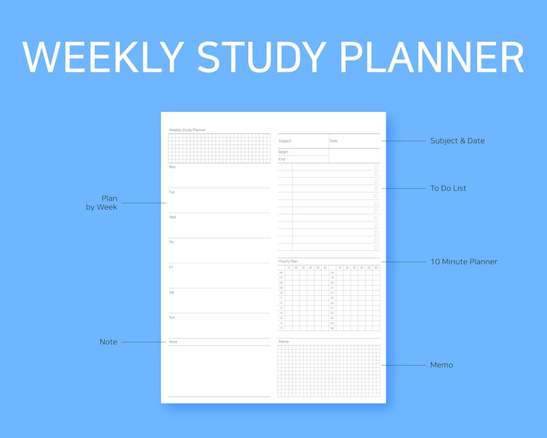 May include: A white weekly study planner with the text "WEEKLY STUDY PLANNER" in large, blue letters at the top. The planner includes sections for planning by week, subject and date, to-do lists, a 10-minute planner, notes, and memos.