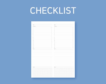 May include: A checklist with two columns, each with a date, category, and numbered list of 15 items. Each item has a checkbox. The checklist also includes a notes section and a grid section.