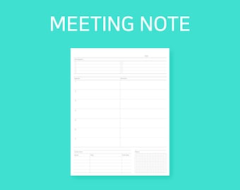 May include: A blank white meeting note template with sections for participants, date, agenda, decisions, action items, due date, and memo. The memo section has a grid pattern.