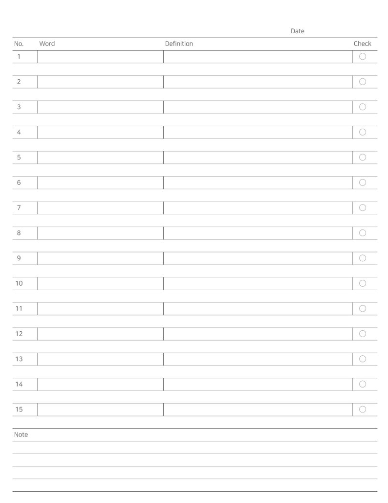 May include: A blank vocabulary list with 15 numbered lines for writing words and definitions. Each line has a checkbox to mark words as learned. There is a space at the bottom for notes.