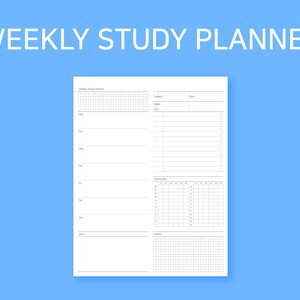May include: A white weekly study planner with a grid layout for subjects, dates, and hourly plans. The text "WEEKLY STUDY PLANNER" is at the top in white. The planner is on a light blue background.
