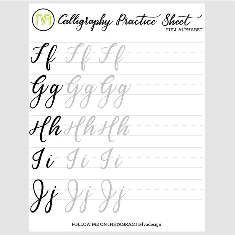 calligraphy practice sheets full alphabet lettering etsy