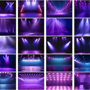 Puede incluir: Una colección de 20 imágenes que muestran diferentes configuraciones de iluminación escénica con focos morados y azules. Las imágenes presentan diferentes ángulos y configuraciones de focos, creando un efecto dramático y atmosférico.