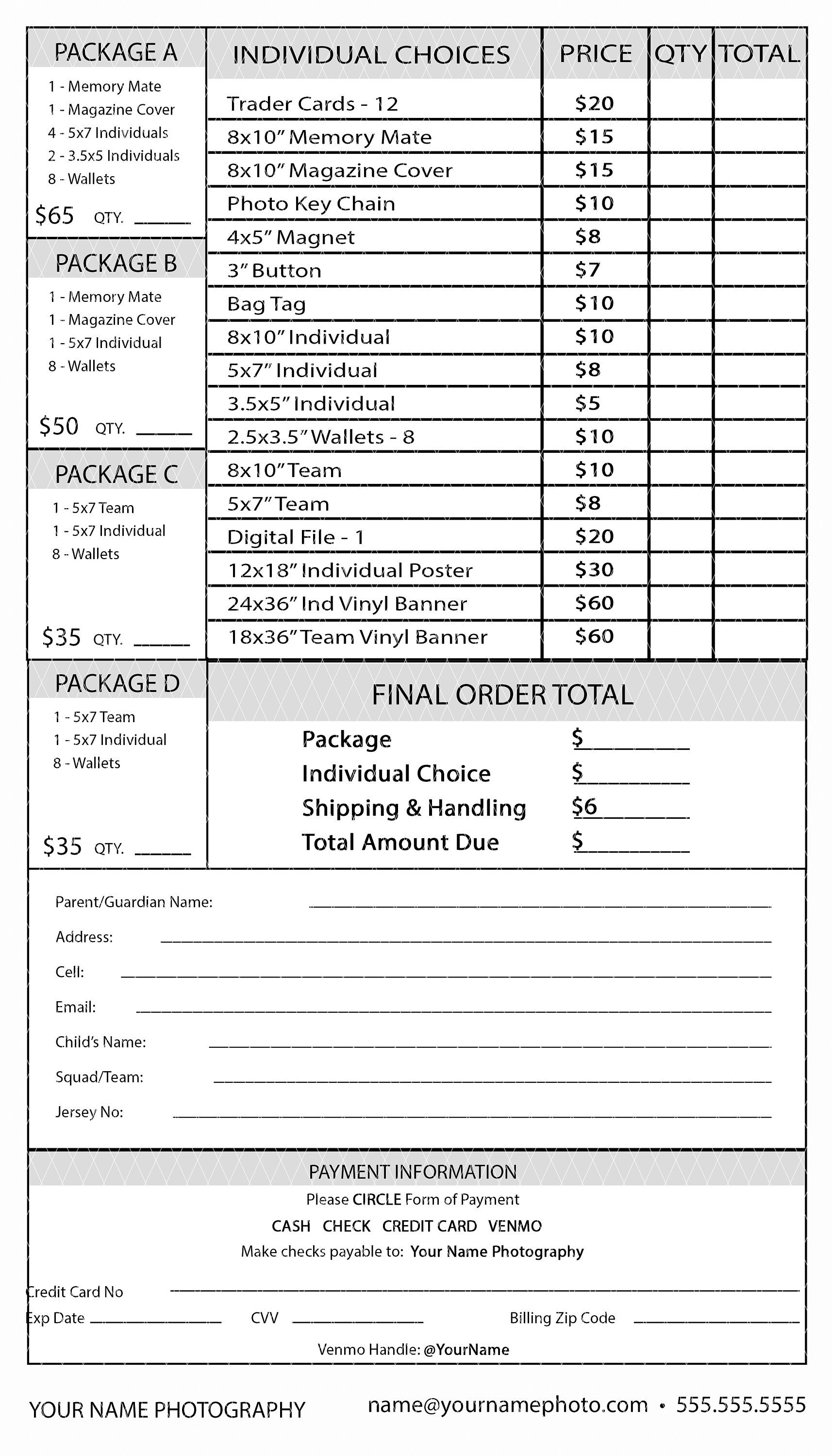 Sports Portrait Photography Guide Template, Order Forms, Photo Samples ...