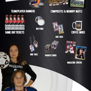 May include: Sports portrait order form with a variety of products available, including team/player banners, composites, memory mates, buttons, game day tickets, dog tags, trader cards, coffee mugs, bag tags, and magazine covers. The form also includes a QR code and the text "YOUR LOGO HERE YOURWEBSITE.COM".