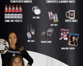 May include: Sports portrait order form with a variety of products available, including team/player banners, composites, memory mates, buttons, game day tickets, dog tags, trader cards, coffee mugs, bag tags, and magazine covers. The form also includes a QR code and the text "YOUR LOGO HERE YOURWEBSITE.COM".