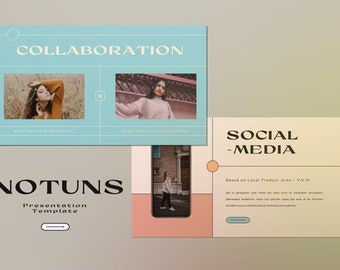 May include: A presentation template with a light blue and peach color scheme. The word "COLLABORATION" is at the top, with two photos of women. The words "SOCIAL -MEDIA" are also visible. The template includes the word "NOTUNS".