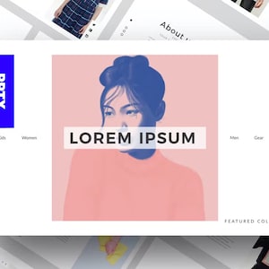 May include: A website template with a pink and blue illustration of a person. The text "LOREM IPSUM" is displayed on a white rectangle. The word "PPTX" is in a blue vertical rectangle. The website has navigation options for Kids, Women, Men, and Gear.