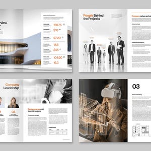 May include: A brochure spread with a modern design. The cover features the title "Company Overview" and a photo of a contemporary building. Other pages include "Company Leadership", "People Behind the Projects", and "Our Services & Technology".