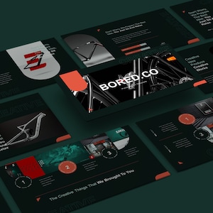 May include: A presentation slide deck with a dark green background and red accents. The slides feature images of bicycles and the text "BORED.CO". The text "The Creative Things That We Brought To You" is also featured on one of the slides.