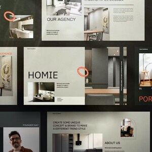 Peut inclure: Plusieurs diapositives de présentation de design avec du texte et des images de design d'intérieur. Les diapositives présentent les mots "BRAND AGENCY", "OUR AGENCY", "AUDIENCE", "HOMIE", "PORTFOLIO" et "ABOUT US". La palette de couleurs est principalement noire, blanche et grise.