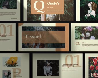 May include: A collection of presentation slides with a neutral color palette. The slides feature text, images of people, and design elements. The word "Tissuel" is displayed on one slide. Other slides include the text "Quote's" and "fashion is part of everyday life".