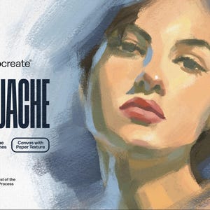 Può includere: Set di pennelli Procreate Gouache per l'arte digitale. Il set include 12 pennelli unici con texture di tela e carta. L'immagine mostra il viso di una donna dipinto in stile gouache.