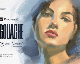 May include: Procreate Gouache brush set for digital art. The set includes 12 unique brushes with canvas and paper textures. The image shows a woman's face painted in a gouache style.