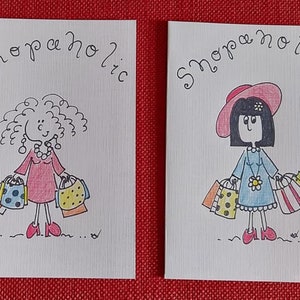 Cartões desenhados à mão Shopaholic por Marina.