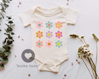 Smiley Face Flower Onesie®, Cute Vintage Onesie®, Natural Bodysuit, Cute Baby Onesie®, Happy Face Daisy, Retro Onesie® 032