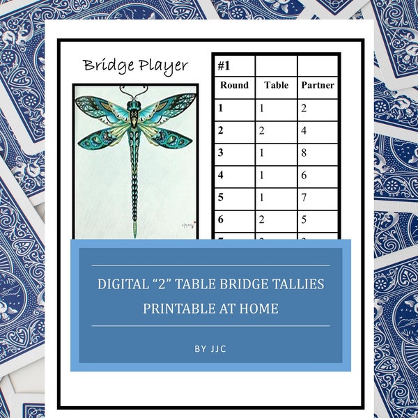 Printable 2 Table Dragonfly Bridge Tallies, Digital Bridge Tallies, Great Gift, 8 Player Bridge Tallies, Traveling Prize, Downloadable Tally