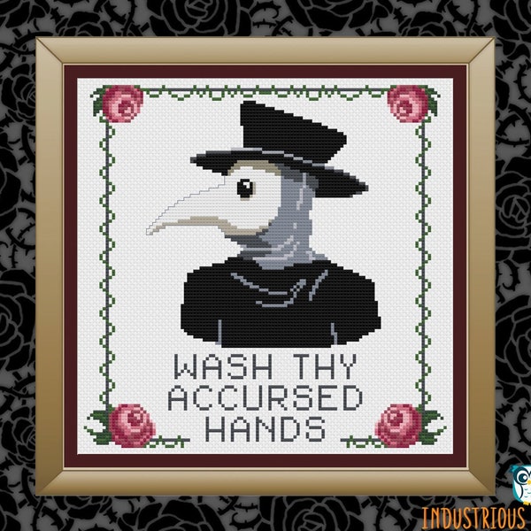 Plague Doctor "Wash Thy Accursed Hands"  9-inch Hoop or Frame Variant PDF Cross Stitch Pattern | INSTANT DOWNLOAD