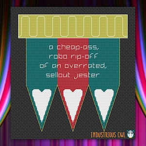 Puede incluir: Un diseño de pixel art en blanco y negro con el texto "a cheap-ass, robo rip-off of an overrated, sellout Jester" y las palabras "INDUSTRIOUS OWL" en la parte inferior.