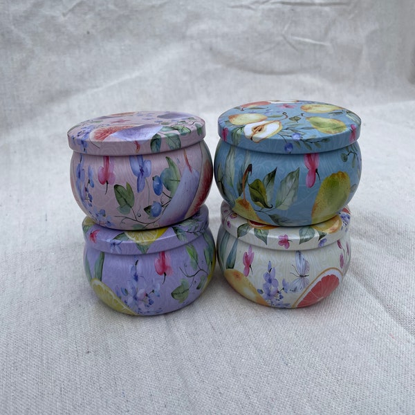 Empty Tin Container, Set of Ten, 4.4oz each, for Candles, Herbs, Spices, Tea, Coffee, Beads, Favours, Decoration - Fruit & Floral Design