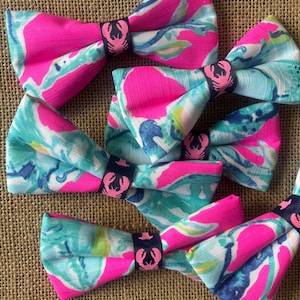 Lilly Pulitzer Inspired Coastal Southern Pink Blue Dog Pet Cat Bow Tie Lobster Center