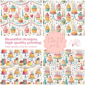 May include: Four digital paper designs featuring watercolor illustrations of cupcakes and cakes with candles, confetti, and party decorations. The designs are on a white background and are perfect for crafting projects.