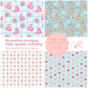 May include: Four colorful summer-themed patterns. One features pink flamingo floats and beach balls on a blue grid. Another has beach elements like cameras and sandcastles. The third shows swimsuits and shorts, and the last has ice cream and watermelon.