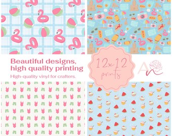 Pool Days Vinyl Sheets: Summer Pool Floats Pattern Heat Transfer or Adhesive, 12x12 Inch
