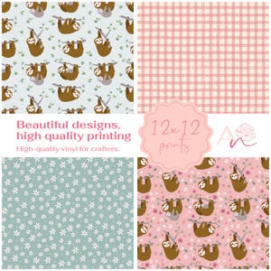 May include: A collage of four fabric patterns. One features sloths on branches, another a pink gingham, a third a floral design, and the last sloths on a pink floral background. Text reads "Beautiful designs, high quality printing" and "12x12 prints."