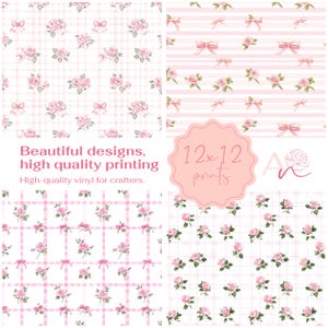 May include: Four digital paper designs featuring pink roses and bows on a white background with different patterns: gingham, stripes, and two variations of a grid pattern. The text "Beautiful designs, high quality printing" and "High-quality vinyl for crafters." is at the bottom of the image. The text "12x12 prints" is in a pink circle at the top right of the image.