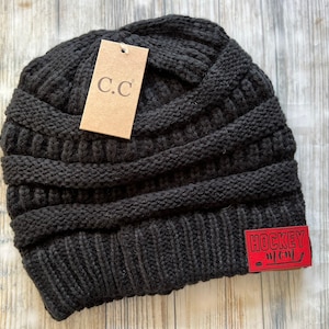 Hockey Mom Beanie: Leather Patch Style (CC Knit, Warm)