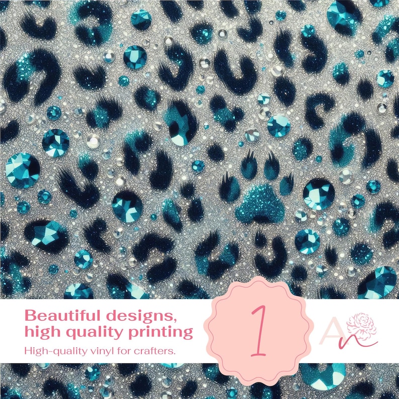 Pode incluir: Uma folha de vinil prateado com glitter com estampa de leopardo turquesa e strass turquesa. O vinil tem o texto "Beautiful designs, high quality printing" e "High-quality vinyl for crafters."