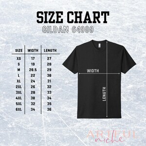 Puede incluir: Tabla de tallas para camisetas Gildan 64000, que muestra las medidas de ancho y largo en pulgadas para las tallas XS a 6XL.