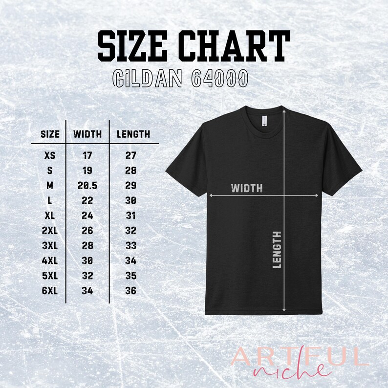 Puede incluir: Tabla de tallas para camisetas Gildan 64000, que muestra las medidas de ancho y largo en pulgadas para las tallas XS a 6XL.