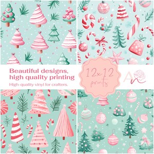 May include: Four digital paper designs featuring a Christmas theme. The designs include pink and green Christmas trees, candy canes, ornaments, and snowflakes on a light blue background. The text "12x12 prints" is visible in the image.
