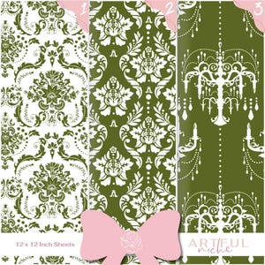 May include: Three 12 x 12 inch digital paper sheets with a damask pattern in green and white. The first sheet has a white background with a green damask pattern. The second sheet has a green background with a white damask pattern. The third sheet has a green background with a white chandelier pattern. The sheets are labeled 1, 2, and 3. Artful Niche is printed at the bottom of the image.