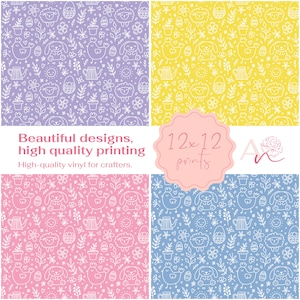 May include: Four digital paper designs featuring a repeating pattern of white Easter-themed illustrations on a colored background. The designs include a purple, yellow, pink, and blue background. The text "12x12 prints" is visible in the center of the image.