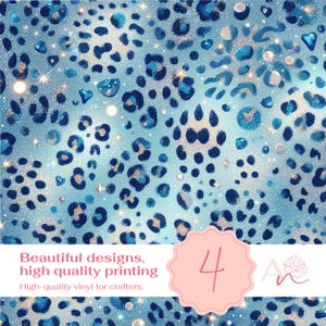 Pode incluir: Vinil de leopardo azul e dourado com glitter com o texto "Beautiful designs, high quality printing. High-quality vinyl for crafters." e o n&uacute;mero "4" em um c&iacute;rculo rosa.