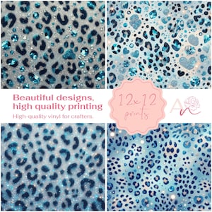 Pode incluir: Quatro impress&otilde;es digitais de 30,5 x 30,5 cm com uma estampa de leopardo azul e branco com glitter e strass. O texto "Beautiful designs, high quality printing" e "High-quality vinyl for crafters." est&aacute; inclu&iacute;do na imagem.