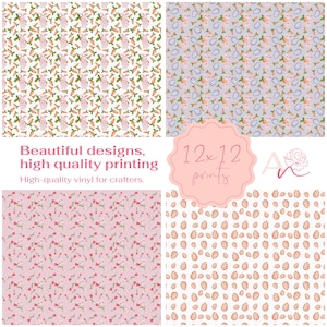 May include: Four digital paper designs featuring various Easter-themed patterns. The designs include bunnies, carrots, eggs, and floral patterns. The designs are 12x12 inches and are high-quality vinyl prints.