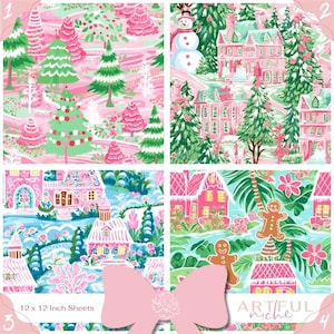 May include: Four 12x12 inch fabric squares with a pink and green Christmas theme. The squares feature a winter wonderland scene with houses, trees, snowmen, and gingerbread men.