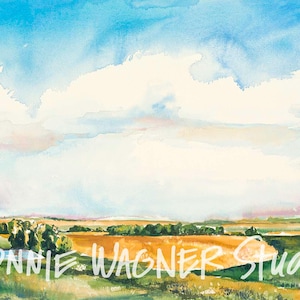 Kansas Summer Days, wheat field landscape watercolor painting by ConnieWagnerStudio