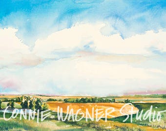Kansas Summer Days, wheat field landscape watercolor painting by ConnieWagnerStudio