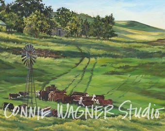 Pasture Out West, cattle grazing in pasture with windmill, giclee oil painting print by ConnieWagnerStudio