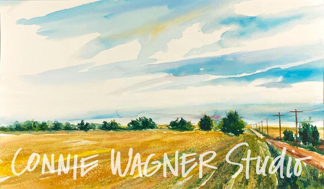Road Home, Watercolor Painting of Rural Wheat Field Along a Dirt Road ...