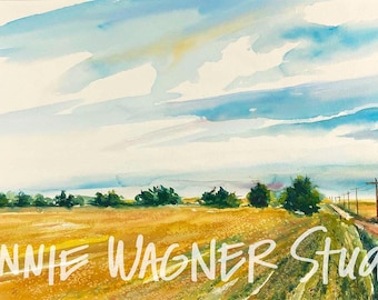 Road Home, watercolor painting of rural wheat field along a dirt road by ConnieWagnerStudio