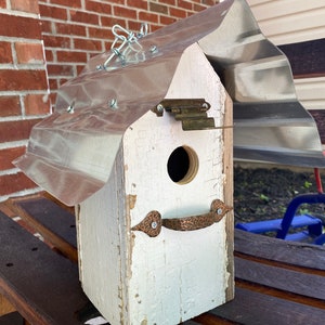 Handmade birdhouse from reclaimed barn wood and corrugated panels, antique accents!